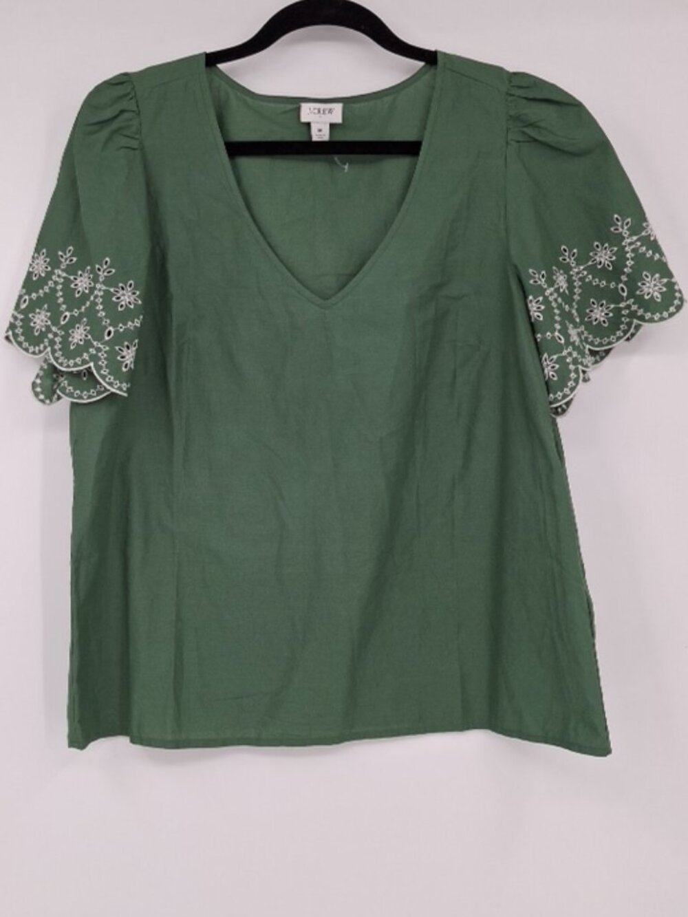 J.CREW Womens Medium Green Peasant Boho Eyelet Embroidered Blouse V-neck Top